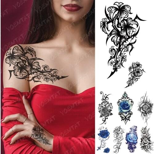 Waterproof Temporary Tattoo Sticker Totem Lily Blue Rose Tattoos Flower Rosary Body Art Arm Fake Sleeve Tatoo Women Men