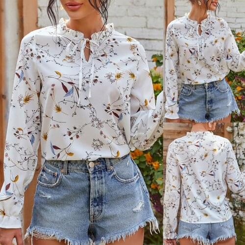 S-XL New Lady flower branch print shirt Women Tie-dye Printed Embroidery Collar Long Sleeve Bandage Printed Shirt חולצות נשים F4