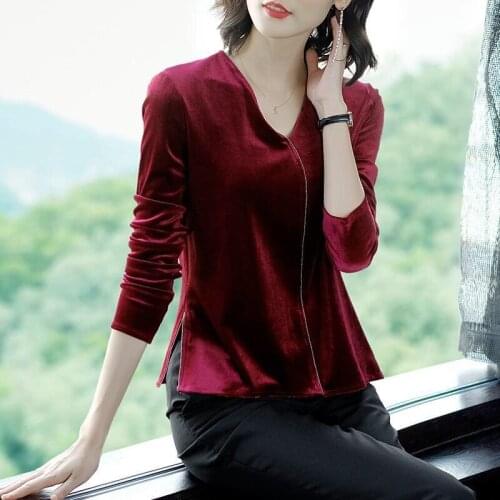 Spring Fall 2020 New Womens V Neck Long Sleeve Wine Red Black Navy Beading Velour T Shirt Tops , Woman Korean Velvet Tshirt Top