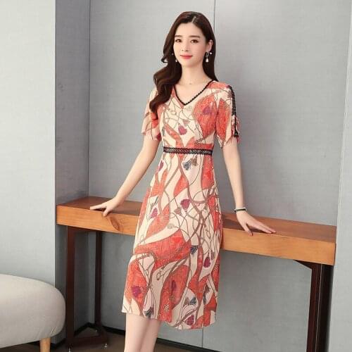Womens 2020 Summer Dresses Mujer Silm Temperament V-neck Large Size Mid-length Chiffon Printed Short-sleeved Dress Women Z928