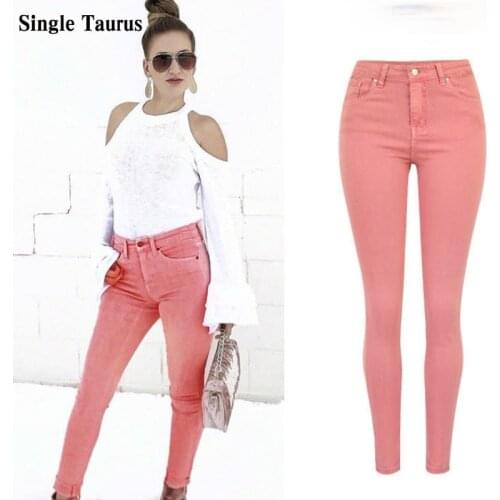 High Waist Pink Skinny Jeans Women Streetwear England Plus Size Denim Pants Femme Elegantes Lady Pencil Pants Vaqueros Mujer