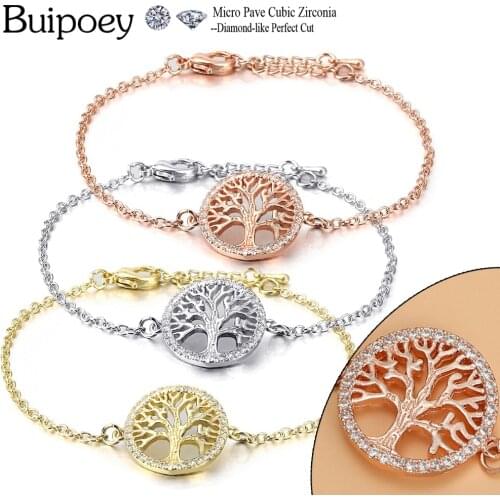 Buipoey Rose Gold Tree Of Life Cubic Zirconia Bracelets For Women Lobster Clasp Bracelet Lovers Girls Family Mom Jewelry Gift
