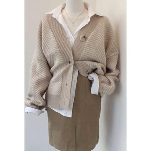 2020 Autumn Women Knitted Sweater Female Cardigan Coat Striped V-neck Loose Elegant Vintage Office Lady Casual All Match Tops