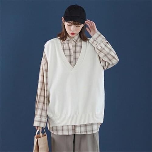 1PCS Korean Autumn Winter Sleeveless Sweater Vest Women V Neck Knitted Loose Oversize Vest Women Jumpers Pull Femme Sweaters
