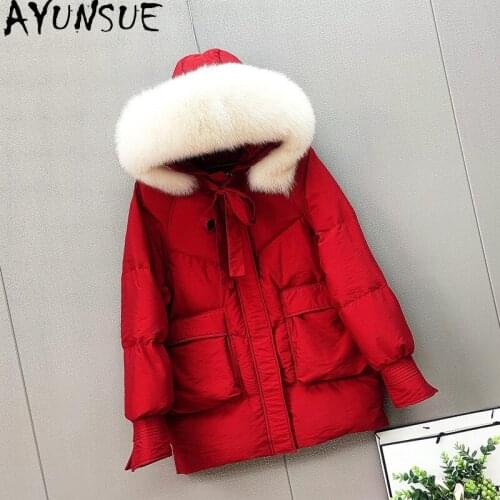 AYUNSUE Womens Winter Down Jacket Hooded Fox Fur Collar Korean Duck Down Puffer Coat Female Warm Mulheres Casacos 2020 KJ5062