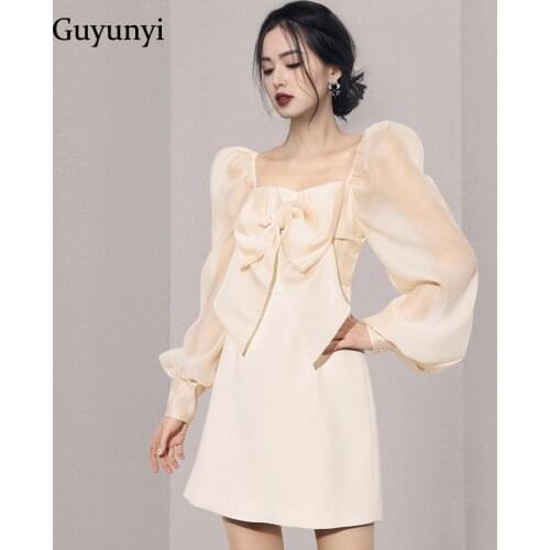 Elegant Office Lady Dress 2021 Autumn Plain Square Collar Tulle Puff Sleeves With Oversized Bow On The Chest Party Dress Women