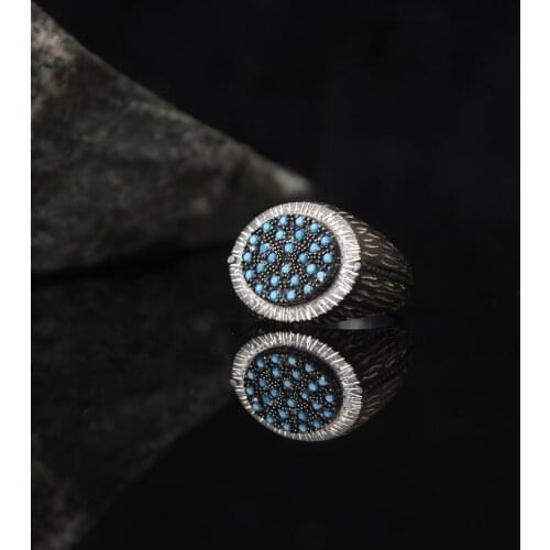Dark Blue Zircon 925 Silver Engraved Traditional Handmade Turkish Signet Ring Jewelry Gift for Women Men