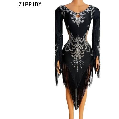 Silver Rhinestone Long Sleeve Fringe Dress Birthday Celebrate Evening Spandex Outfit Bar Women Dance Latin Dress