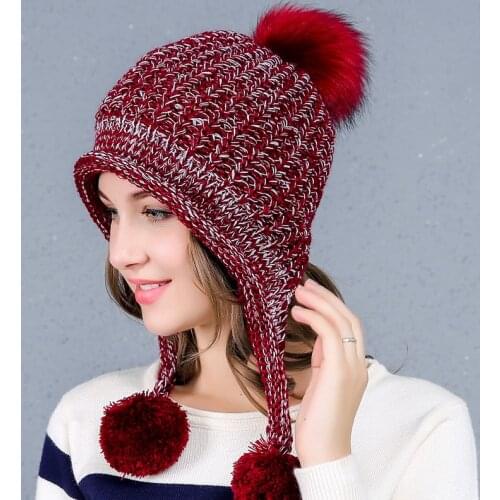 Girls Winter Warm Knitted Hats Lady Cashmere Knitting Hat Girls Ear Guard Leisure Pompom Caps Woolen Leisure Hats Adjust A88