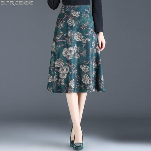 Winter Woolen Velvet Midi Skirt Women Elegant High Waist Faldas Harajuku Green Print Floral Skirts Boho A-line Skirt Plus Size