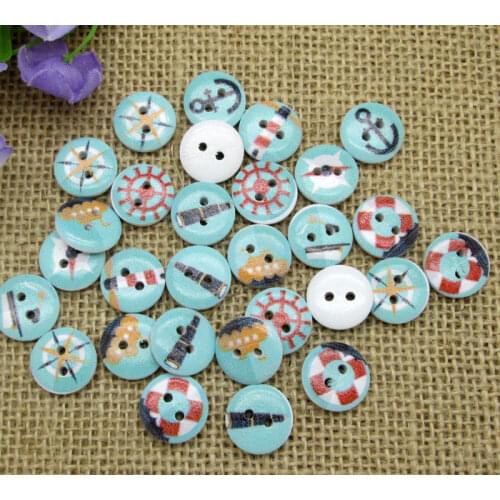 100pcs Fashion 15mm Mixed White Round Blue Anchor Pattern Wooden Buttons For Clothes Crafts Sewing Scrapbooking DIY Accessories
