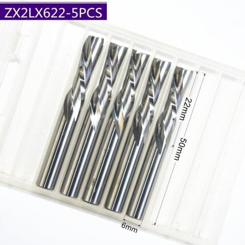 6mm*22mm-5PCS, 2 Flutes Down cut end mill,Left Helical solid Carbide Milling cutter,Cutting Grooving Wood, Plastic Board PVC