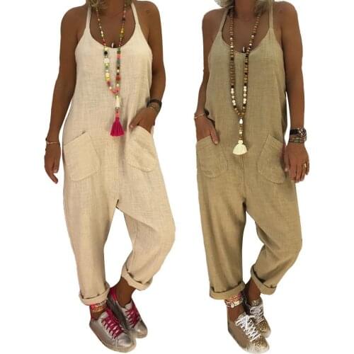 80% HOT SALES！！！Women Sleeveless Dungarees Halter Pockets Loose Baggy Pants Jumpsuit Bib Overall