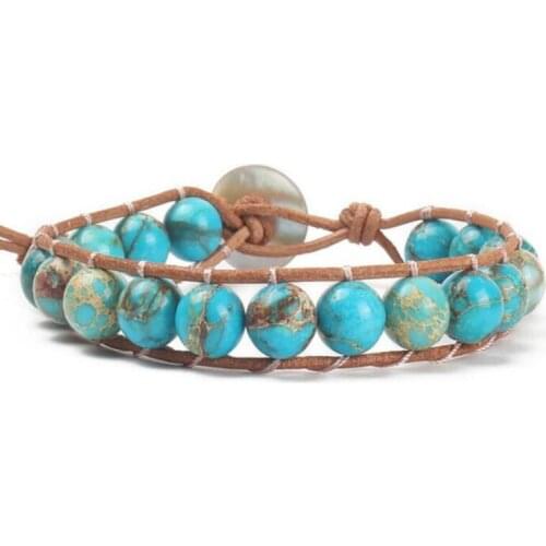 Bohemian Hippie Boho Bracelets Vintage Leather and Natural Stone 1 Layer Strand Handmade Braid Weave Wrap Bracelet for Women