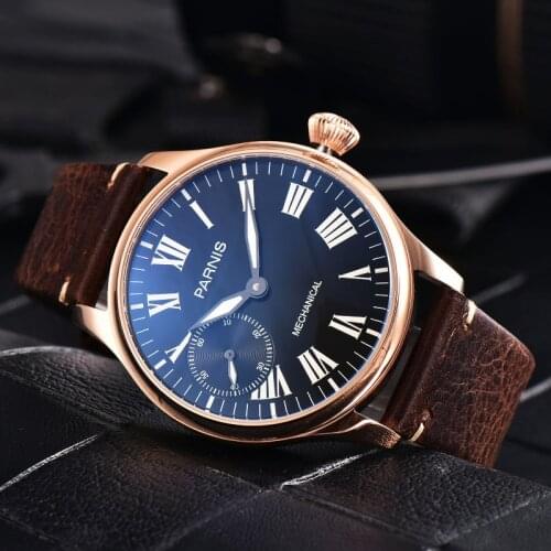 Parnis 44mm Hand Winding Mens Watch Wristwatch Case Mechanical Movement Leather Strap Luminous Waterproof Watch Men