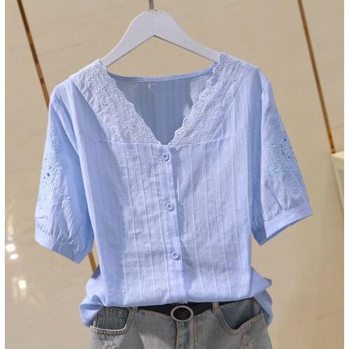 Cotton 100% Lace Solid Women White Shirts Summer New Design 2021 V-Neck Solid Office Lady Elegant Outwear Blouse Tops