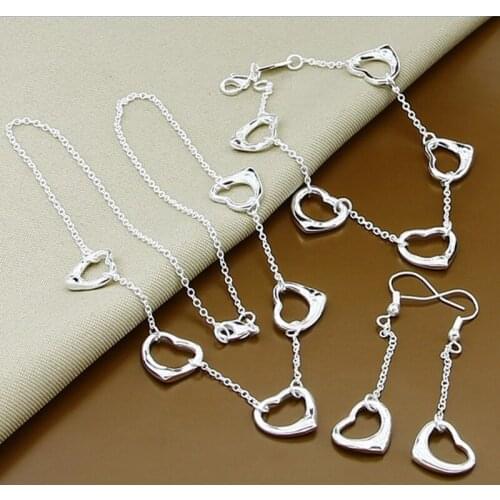 Hot Sale 925 Sterling Silver Jewelry Set Fashion Loves Heart Necklace Bracelet Earrings Set Free Shipping