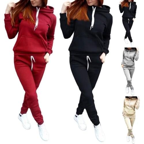 60%HOTTwo-piece Sports Women Tracksuit Solid Color Long Sleeve Hoodies Sweatpants Set