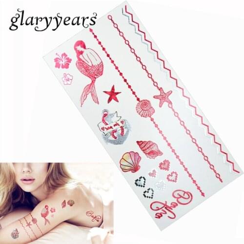 2019 New Arrival 1PC Blue Gold Silver Flash Women Metallic Temporary Tattoo Waterproof RLH-004 Mermaid Shell Conch Sea Starfish