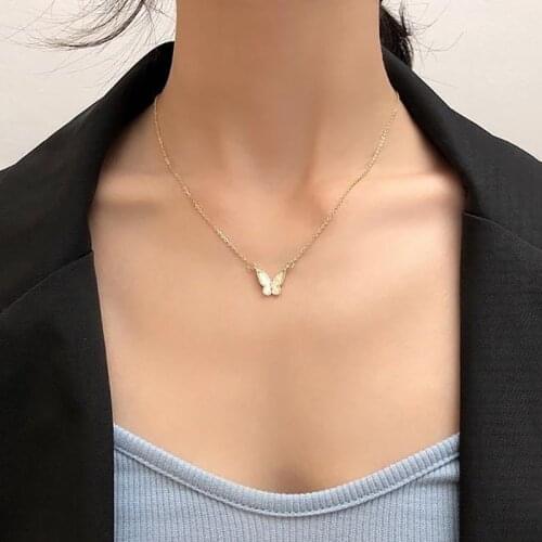 Vintage Crystal Butterfly Pendant Choker Necklace Jewelry Women Simple Bijoux Femme Fashion Gold Color Chain Necklaces Jewellery