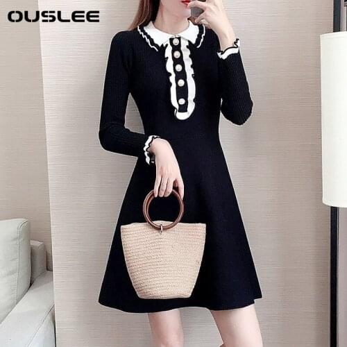 Ouslee 2020 New Knitted Sweater Dress Women Slim A-line Knitted Dresses Fashion Vintage Pullover Dress Female Vestidos Feminino