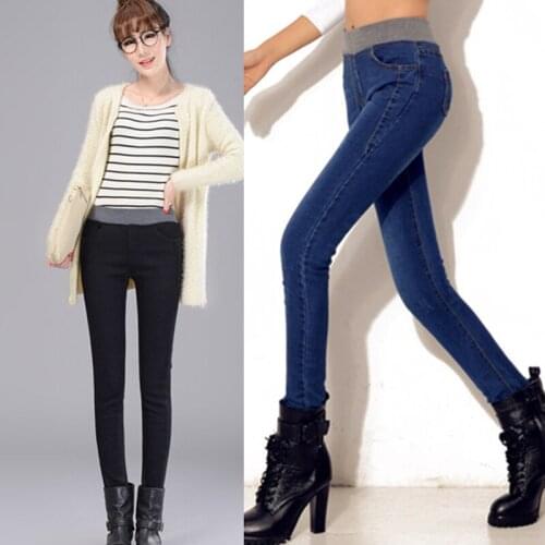 Premium black blue denim womens thermal pants womens fleece jeans 2021 womens winter velvet jeans