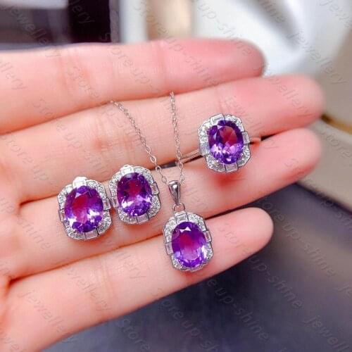 Natural Amethyst Ring Pendant Earrings 925 Silver Womens Jewelry Luxury Elegant Elegant