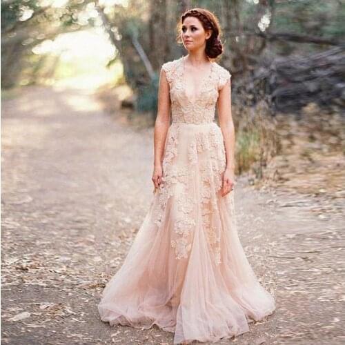 Champagne Boho A-Line Wedding Dress Plus Size Deep V Neck Tulle and Lace mariage trouwjurk Bridal Wedding Gowns vestido de noiva