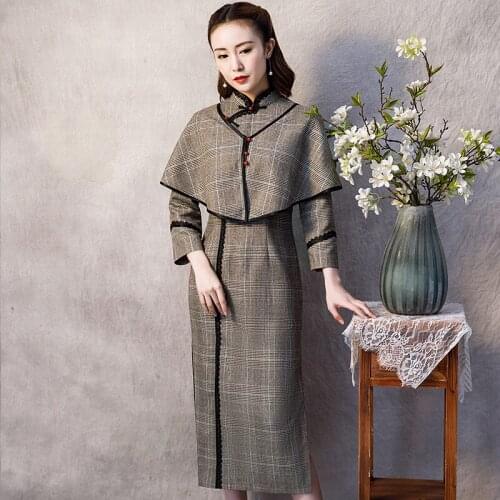 Traditional Chinese Cheongsam Elegant Slim Qipao long sleeve winter Dress Mandarin Collar Vintage party Vestidos