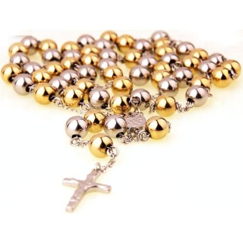 Heavy Mens Womens Chain Bead Rosary Cross Pendant Necklace Stainless Steel Gold Silver Color Jesus Christ 4/6/8/10mm