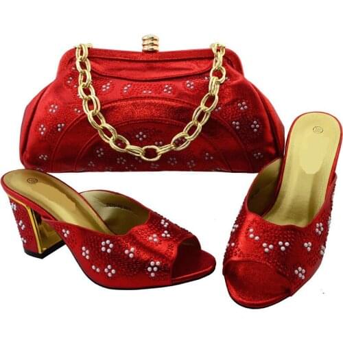 Gorgeous red women pumps with bag and rhinestone african shoes match handbag set for dress BCH-40
