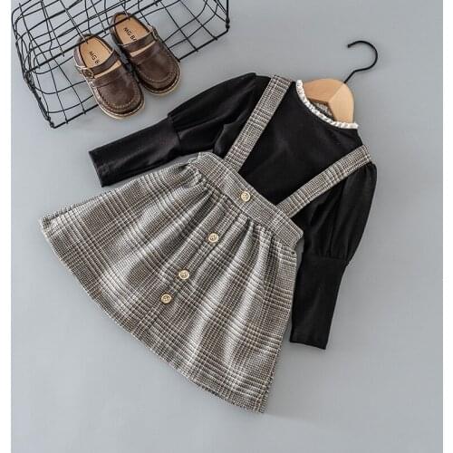 Spring kids girl clothes outfit set knit bottom shirt strap skirt suit for children girl cloth fashion design baby birthday sets
