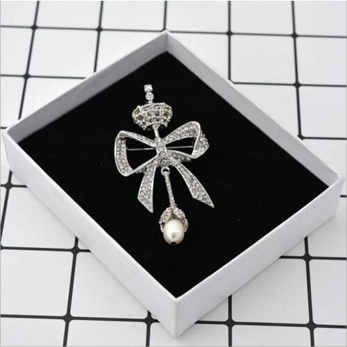 High-end Custom Luxury Rhinestone Bowknot Crown Faux Pearl Brooches For Women Baroque Vintage Pendant Brooch Pins Jewelry Gifts