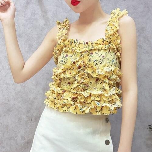 ALPHALMODA 2018 Summer Women Flower Print Cute Ruffled Tank Top Floral Print Ladies Chic Summer Chiffon Blouses