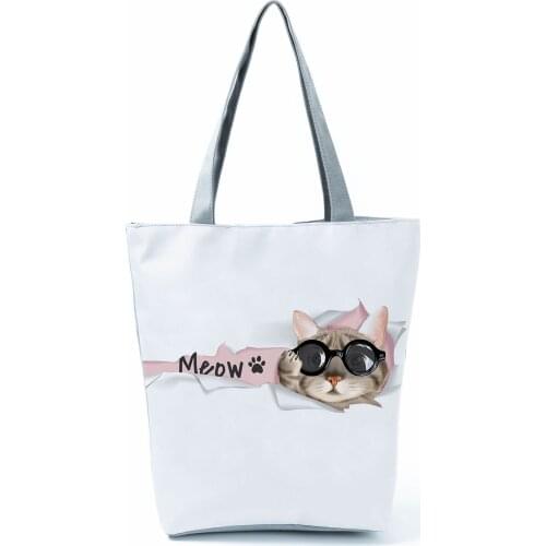 3D Broken Wall Sunglasses Cat Pattern Printed Handbags for Women Cool Style Fashion Simple Tote Eco Friendly Portable Beach Bag