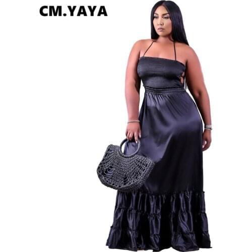 CM.YAYA Women Plus Size Dress Solid Sleeveless Bandage Halter Backless Loose Long Maxi Dresses Sexy Night Party Vestidos Summer