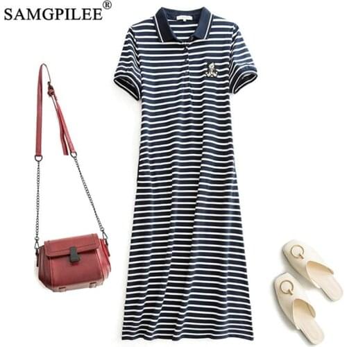 Dresses Women Summer 2021 Casual A-line Striped Polo Collar Korean Style Short Sleeve Mid-calf Empire Elegant Dress For womens