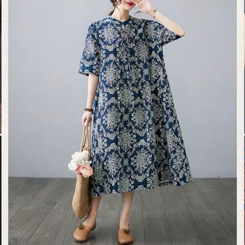 2021 Summer New Cotton Linen Printed Loose Dress Women Plus Size Floral Midi A-Line Dress Vintage Robe Female Boho Beach Dress