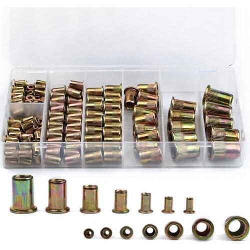 165 Pcs M3 M4 M5 M6 M8 M10 M12 Steel Rivet Nuts Flat Head Threaded Insert Nutsert Cap for Riveter Gun Zinc Plated Carbon