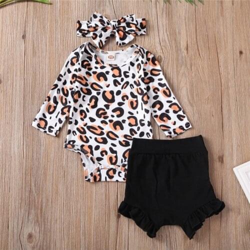 Toddler Kids Baby Girls Clothes Leopard Print round neck long sleeve Bodysuit solid Ruffle shorts bow Headband 3pc lovely Outfit