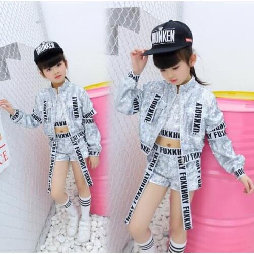 Kids Sequined Sets Fashion Children Clothes Hip Hop Dance Set Costume Girls Clothing 3 Pieces Suit Jacket + Crop Vest + Shorts