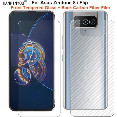 For Asus Zenfone 8 Flip ZS590KS / ZS672KS 1 Set = Soft Back Carbon Fiber Film + Tempered Glass Front Screen Protector