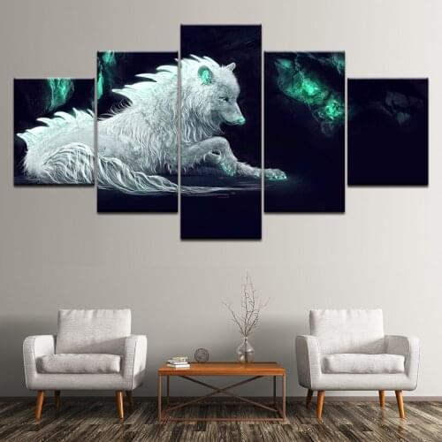 Canvas Painting The white wolf with green light 5 Pieces Wall Art Painting Modular Wallpapers Poster Print Home Decor