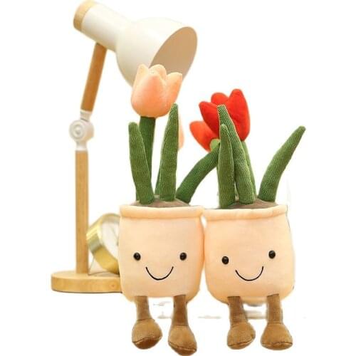 25~35cm Adorable Stuffed Plants Decoration Smiling Soft Plush Succulent Tulip Flowerpot With Legs Doll Children Gift