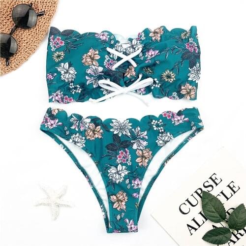 Sexy Ruffle Bikini Women Floral Print Swimwear Push Up Swimsuit Lace Up Biquini Brazilian Bikinis Rivet Bathing Suit Pad Mujer
