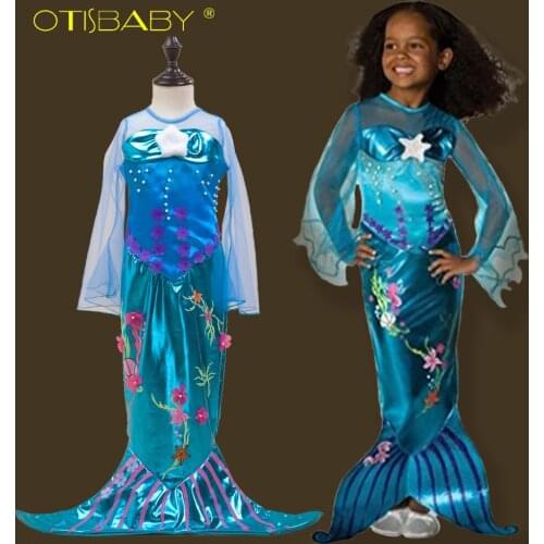 Fashion Girls Ariel Princess Mermaid Dress with 3D Flowers Girl Fancy Long Sleeve Kids Prom Dress Children Carnival Party Dress