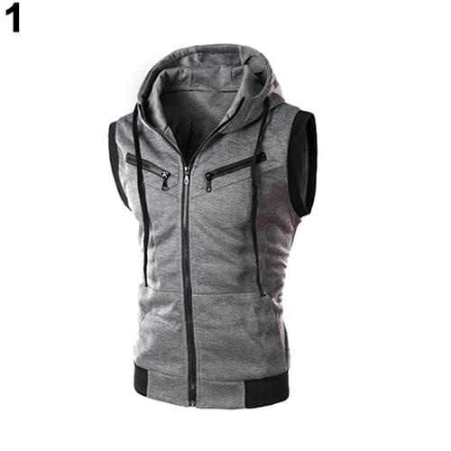 Mens Fashion s Drawstring Hooded Zipper Slim Fit Vest Waistcoat Outerwear