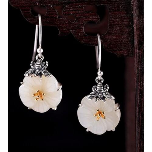 Jade Angel Solid Sterling silver 925 Silver Retro Fine Jewelry Honeybee Bee Design Natural Jade Stone Flower Shape High-grade