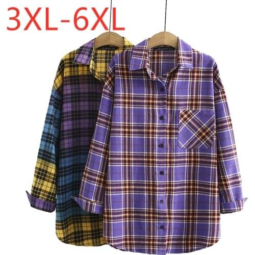 New 2021 Ladies Spring Autumn Plus Size Tops For Women Large Blouse Long Sleeve Loose Purple Pocket Plaid Shirt 3XL 4XL 5XL 6XL