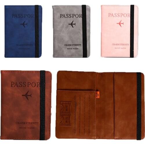 Elastic Band Leather Passport Cover RFID Blocking For Cards Travel Passport Holder Wallet Document Organizer Case Men Women